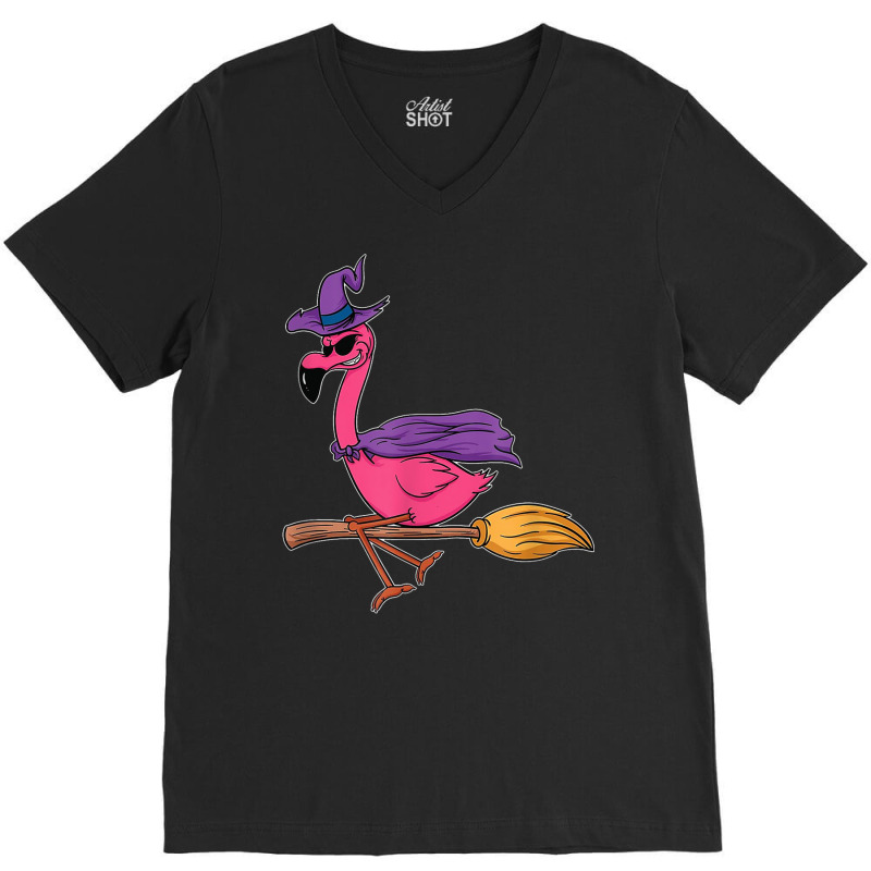 Halloween Flamingo Funny Witch Scary Party Broom V-neck Tee | Artistshot