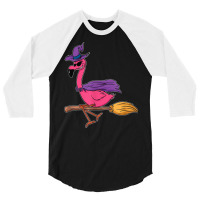 Halloween Flamingo Funny Witch Scary Party Broom 3/4 Sleeve Shirt | Artistshot