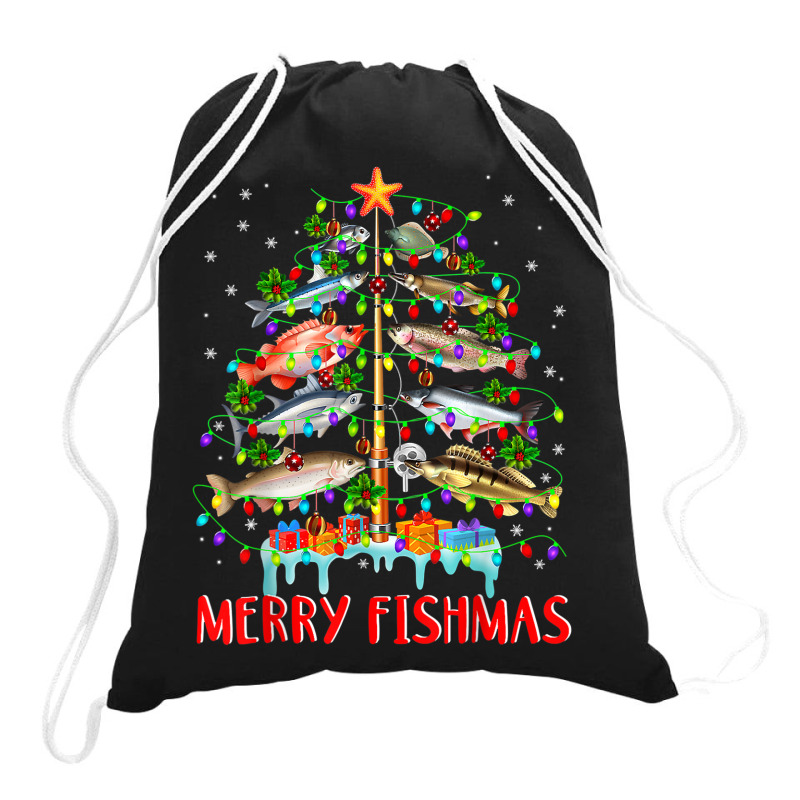 Custom Merry Fishmas Funny Christmas Tree Lights Fish Fishing Rod  Drawstring Bags By Hulk - Artistshot