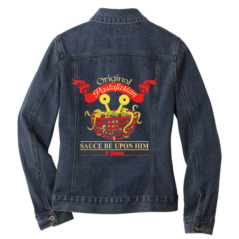 Atheist Anti Religion Flying Spaghetti Monster Pastafarian Ladies Denim Jacket by NikoPittman | Artistshot