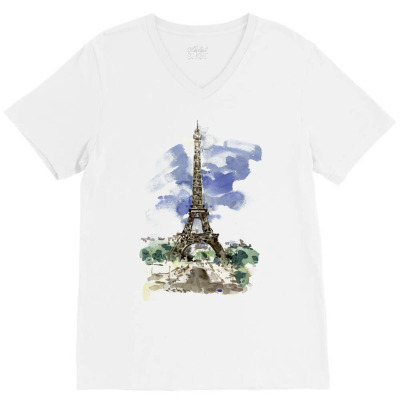 Eiffel Tower Watercolor Painting V-neck Tee Designed By Salmanaz