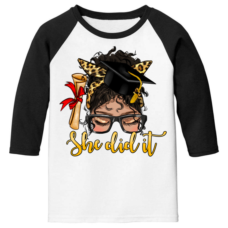 She Did It Graduate Latina Messy Bun Youth 3/4 Sleeve by HRA Design Shop | Artistshot