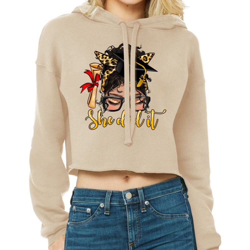 She Did It Graduate Latina Messy Bun Cropped Hoodie by HRA Design Shop | Artistshot