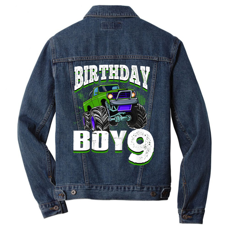 Kids Monster Truck Birthday Boy Is 9 Kids 9th Birthday Car Party Men Denim Jacket | Artistshot