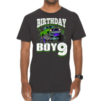 Kids Monster Truck Birthday Boy Is 9 Kids 9th Birthday Car Party Vintage T-shirt | Artistshot