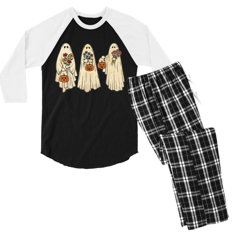 Vintage Floral Ghost Cute Halloween Costume Funny Graphic T Shirt Men's 3/4 Sleeve Pajama Set | Artistshot