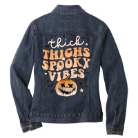 Thick Thighs Spooky Vibes Ghost Pumpkin Halloween Costume Ladies Denim Jacket | Artistshot