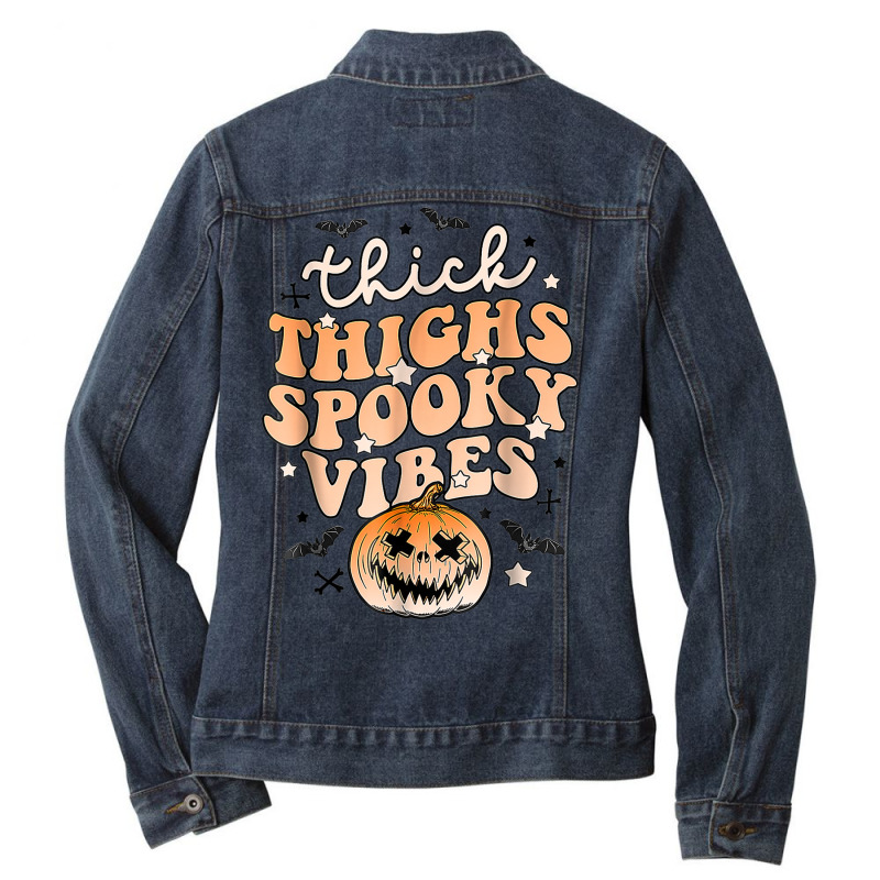 Thick Thighs Spooky Vibes Ghost Pumpkin Halloween Costume Ladies Denim Jacket by Sapphire | Artistshot