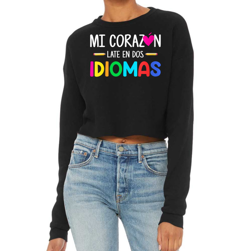 Womens Mi Corazon Late En Dos Idiomas, Bilingual Spanish Teacher V Nec Cropped Sweater by cm-arts | Artistshot