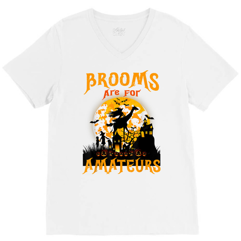 Funny Brooms Are For Amateurs Witch Riding Giraffe Halloween T Shirt V-Neck Tee by cm-arts | Artistshot