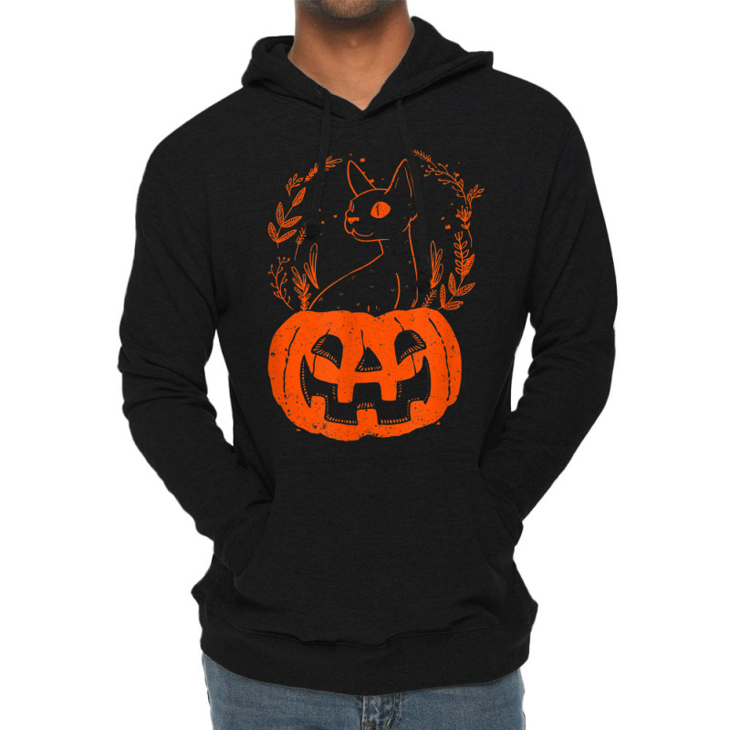 Halloween Pumpkin With Cat Halloween Party Lightweight Hoodie | Artistshot