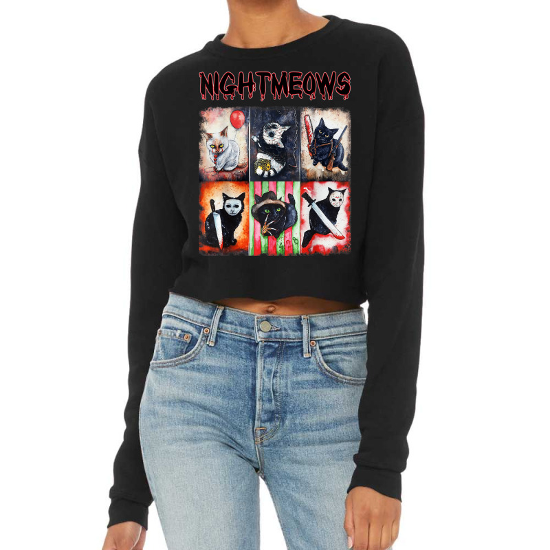 Ads Cat Nightmeows Campy 80's Horror Cats Horror Halloween Cropped Sweater | Artistshot