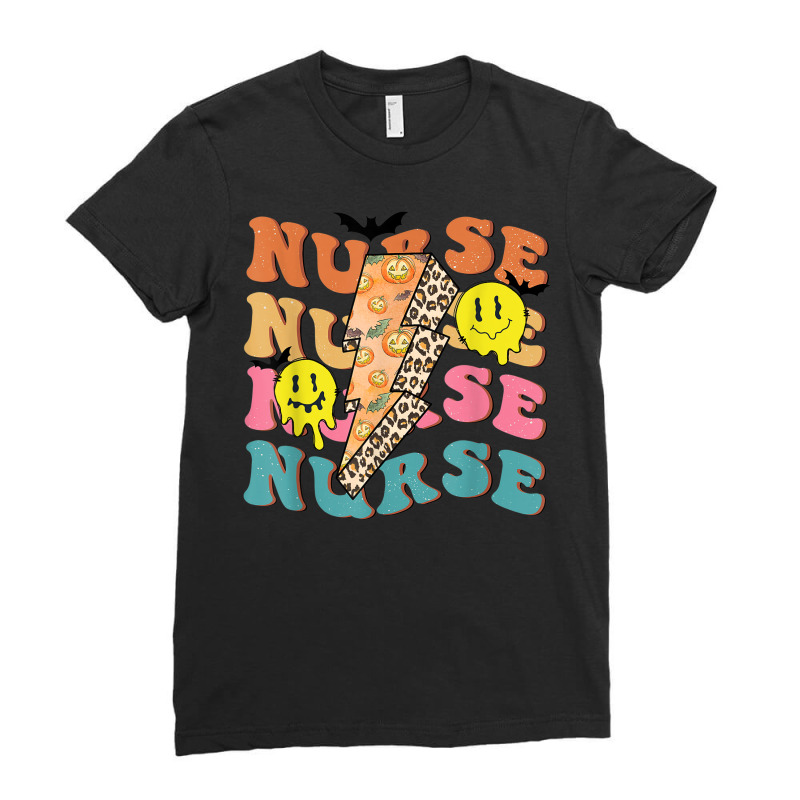 Retro Nurse Pumpkin Leopard Lightning Bolt Nurse Halloween Ladies Fitted T-Shirt by Luxuriate | Artistshot