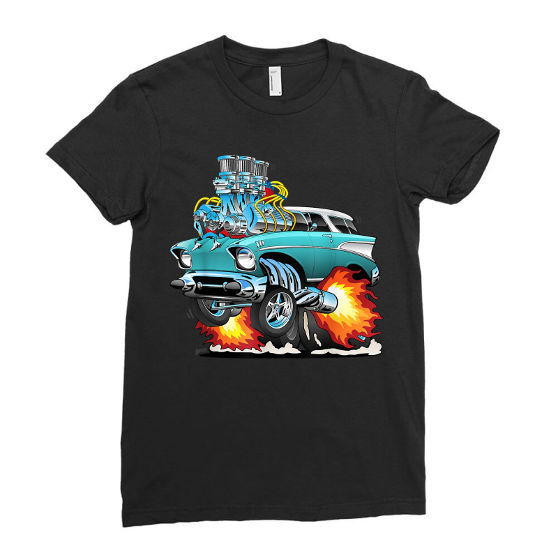 Funny Fifties Style Muscle Car Hot Rod Station Wagon Cartoon Ladies Fitted T-Shirt by GuadalupeRosemarie | Artistshot