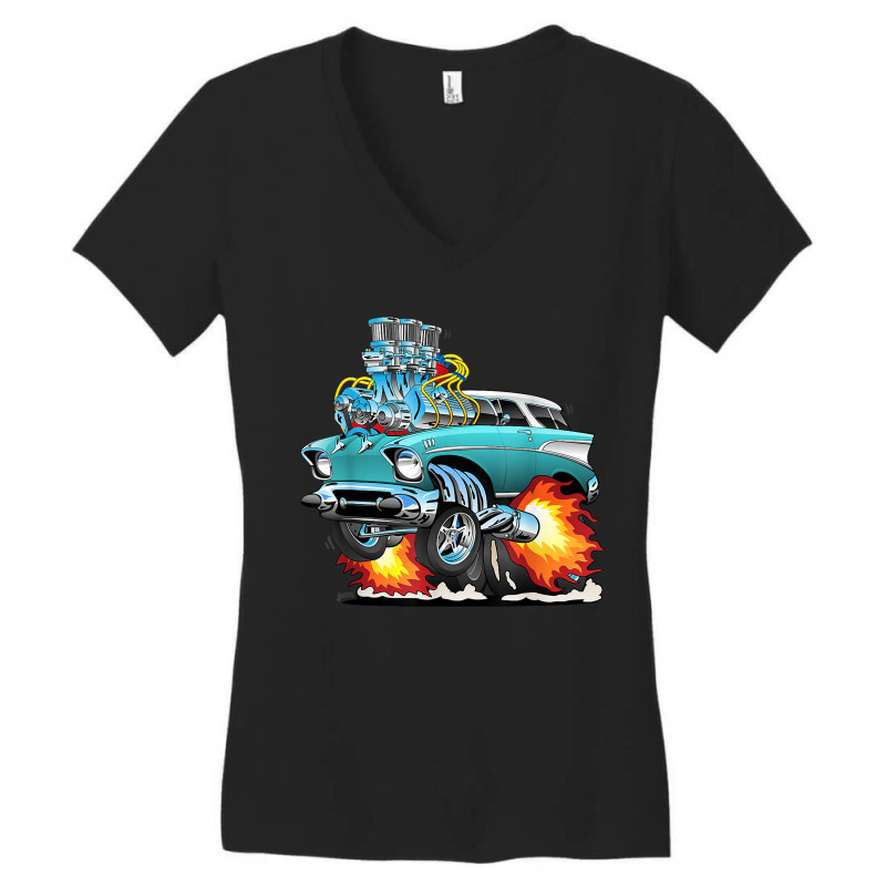 Funny Fifties Style Muscle Car Hot Rod Station Wagon Cartoon Women's V-Neck T-Shirt by GuadalupeRosemarie | Artistshot