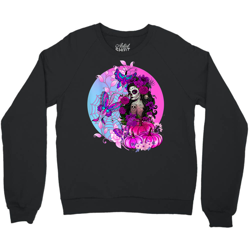 Pink Goth Halloween Sugar Skull With Spiderweb Butterflies Crewneck Sweatshirt | Artistshot