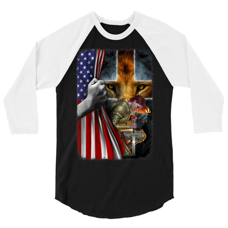 Woman Warrior Of Christian Jesus Lion American Cross Flag 3/4 Sleeve Shirt | Artistshot