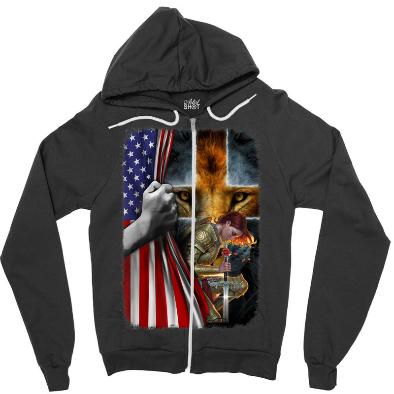 Woman Warrior Of Christian Jesus Lion American Cross Flag Zipper Hoodie | Artistshot