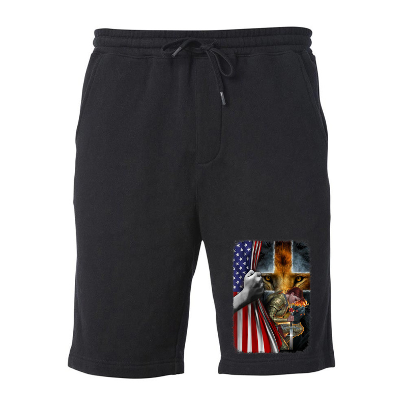 Woman Warrior Of Christian Jesus Lion American Cross Flag Fleece Short | Artistshot