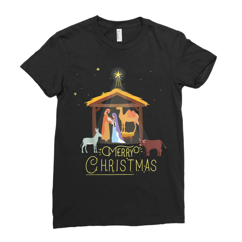 Merry Christmas - Nativity Scene North Star - Baby Jesus Ladies Fitted T-Shirt by ArtistDax | Artistshot