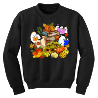 Cute Ghost Book Reading Lover Pumpkins Sunflower Halloween Youth Sweatshirt | Artistshot