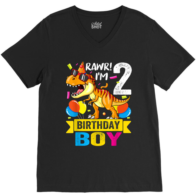 Rawr I'm 2nd Birthday Boy Dinosaur 2 Years Old Party V-neck Tee | Artistshot