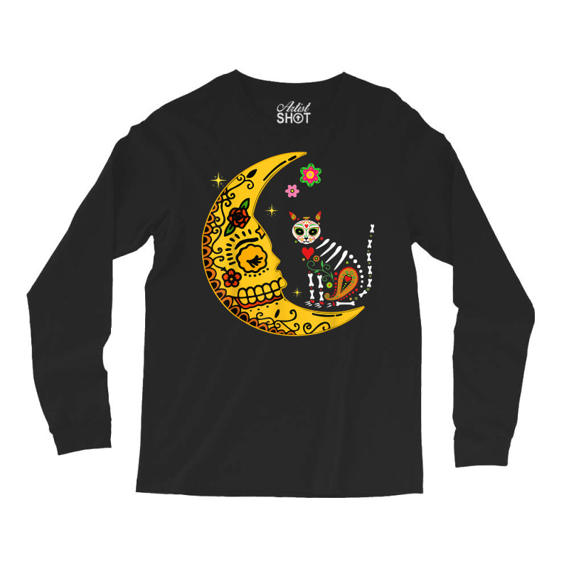 Mexican Calavera Cat With Moon Dia De Muertos Halloween Day Long Sleeve Shirts by Bewitch | Artistshot