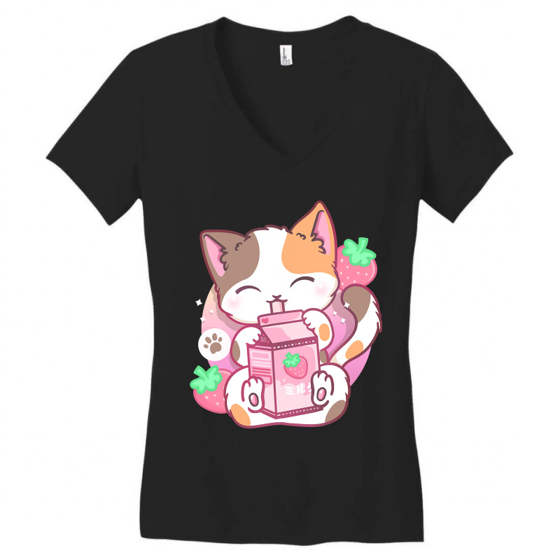 Strawberry Shake Strawberry Milk Cat Kawaii Neko Anime Women's V-Neck T-Shirt by trokeryth | Artistshot