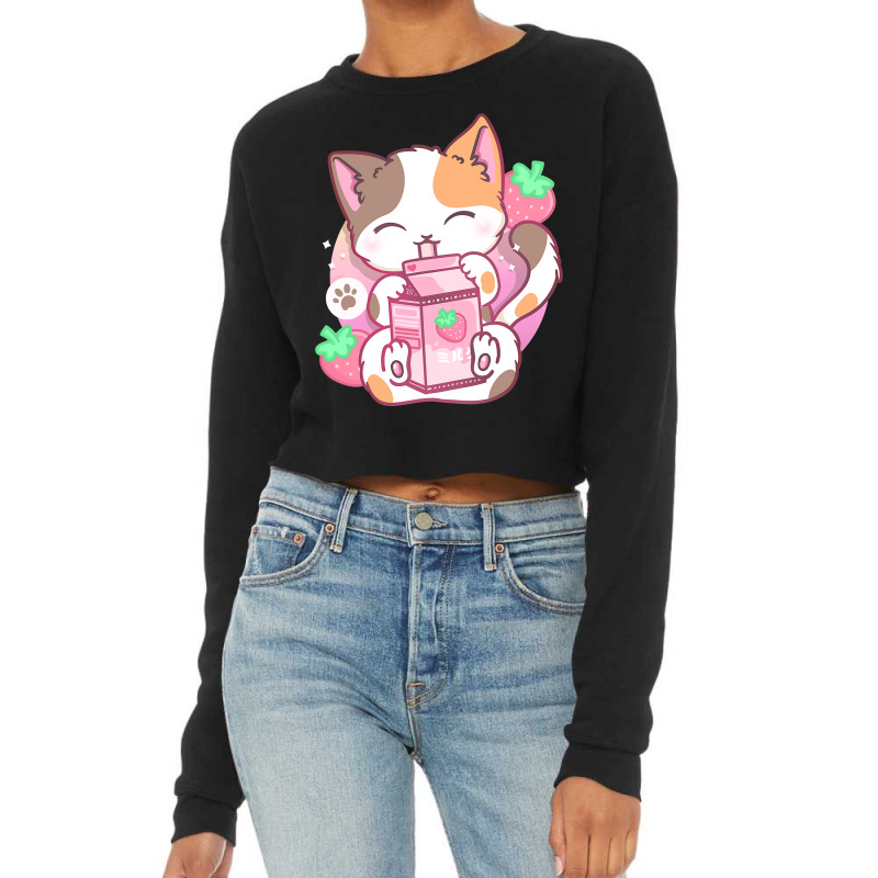 Strawberry Shake Strawberry Milk Cat Kawaii Neko Anime Cropped Sweater by trokeryth | Artistshot