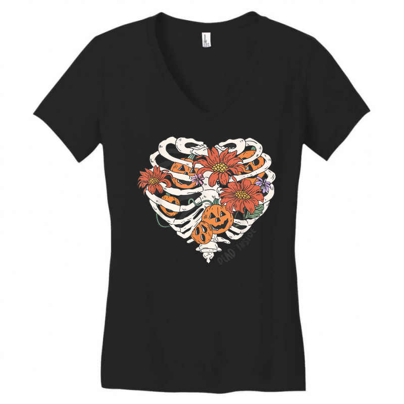 Dead Inside Halloween Skeleton Pumpkin Floral Spooky Season Women's V-Neck T-Shirt by Creed | Artistshot