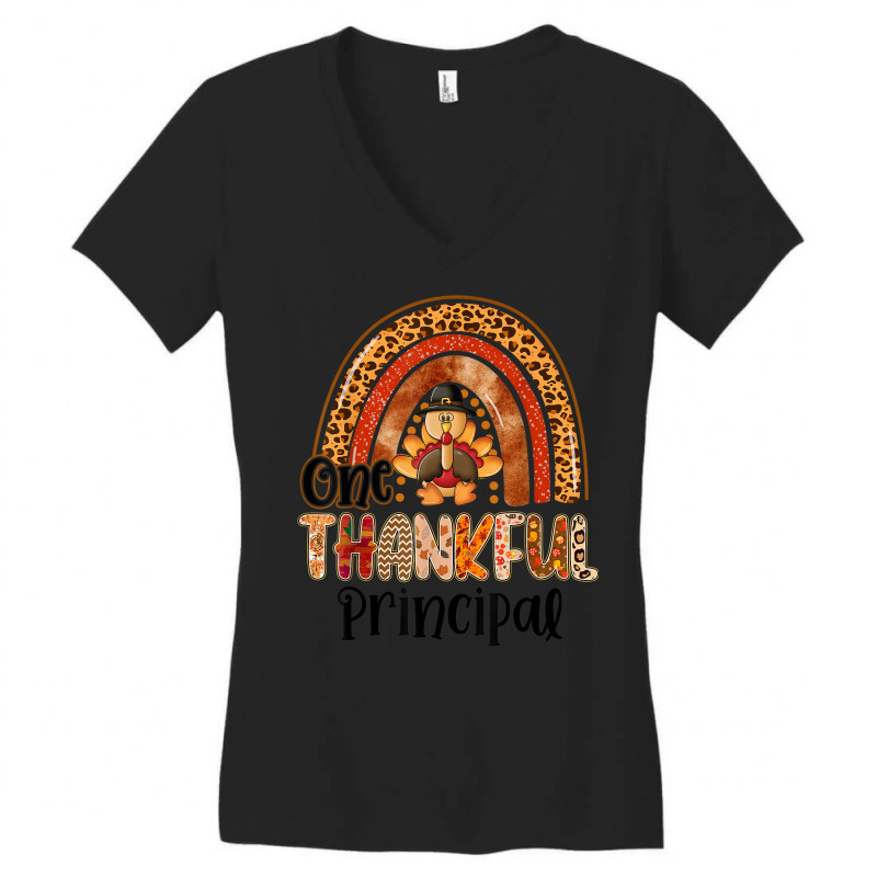 One Thankful Principal Rainbow Turkey Fall Thanksgiving Women's V-Neck T-Shirt by Color | Artistshot