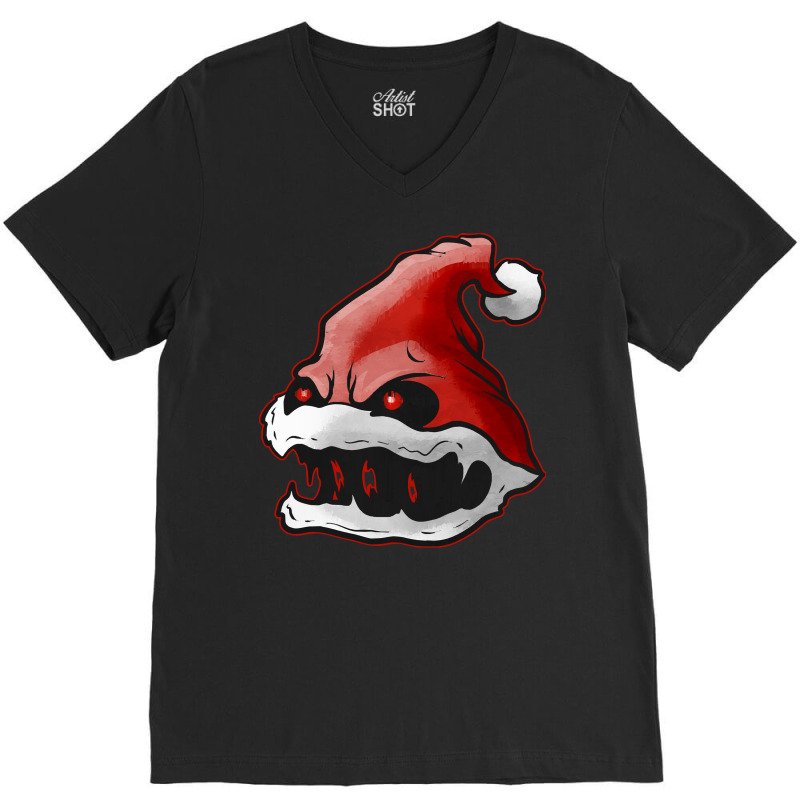 Scary Santa Hat With Fangs Glowing Eyes Christmas Hallowxmas T Shirt V-neck Tee | Artistshot