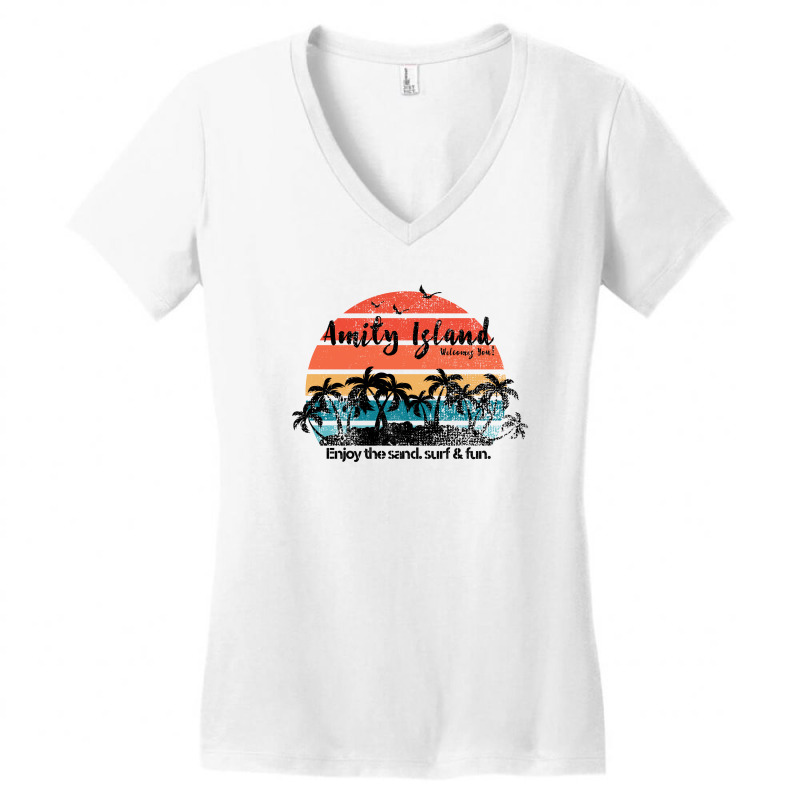 Amity Island Welcomes You Enjoy The Sand Surf And Fun Women's V-Neck T-Shirt by autlu2024 | Artistshot