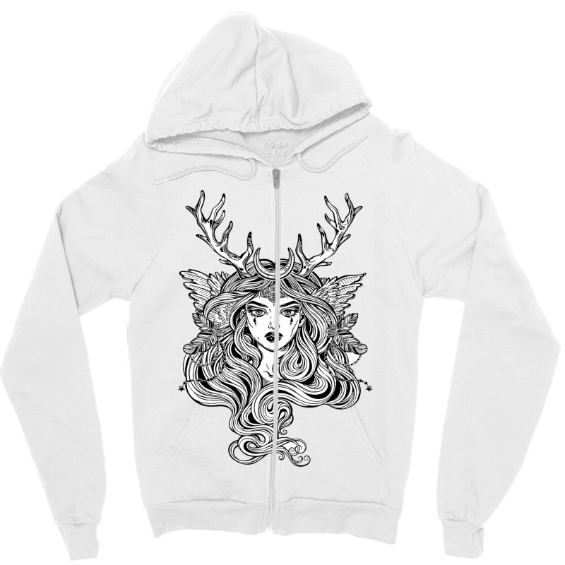 Shaman Elf Magic Woman With Deer Antlers And Long Hair Zipper Hoodie by cm-arts | Artistshot