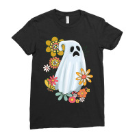 Ghost Vintage Retro Floral Groovy Cute Halloween Graphic Ladies Fitted T-shirt | Artistshot