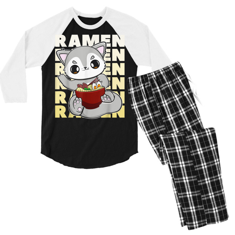 Cute Anime Wolf With Ramen And Japanese Noodles Men's 3/4 Sleeve Pajama Set by Color | Artistshot