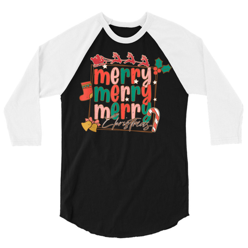 Merry Christmas Family Retro Groovy Santa's Reindeer Sleigh 3/4 Sleeve Shirt | Artistshot