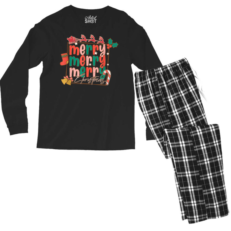 Merry Christmas Family Retro Groovy Santa's Reindeer Sleigh Men's Long Sleeve Pajama Set | Artistshot