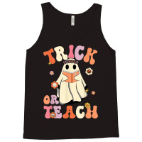 Retro Groovy Trick Or Teach Halloween Floral Ghost Teacher Tank Top | Artistshot