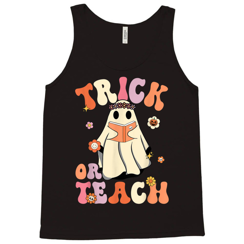 Retro Groovy Trick Or Teach Halloween Floral Ghost Teacher Tank Top | Artistshot