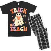 Retro Groovy Trick Or Teach Halloween Floral Ghost Teacher Men's T-shirt Pajama Set | Artistshot