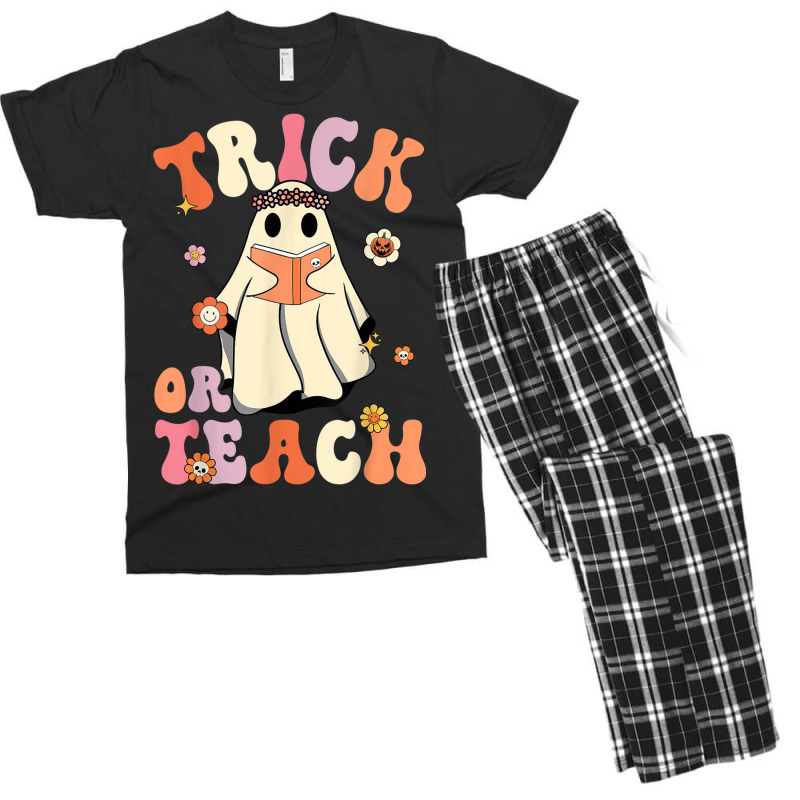 Retro Groovy Trick Or Teach Halloween Floral Ghost Teacher Men's T-shirt Pajama Set | Artistshot