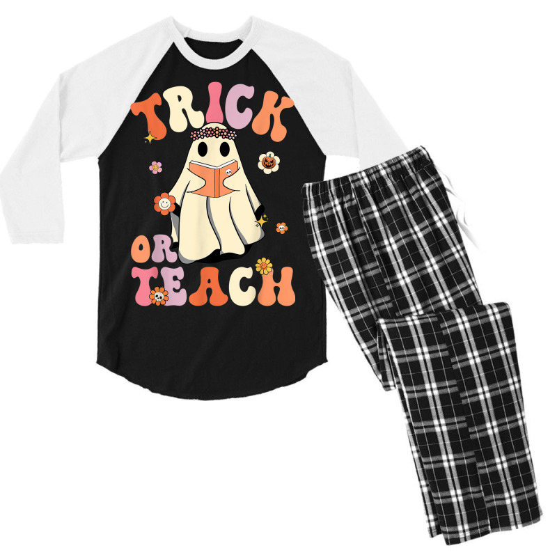 Retro Groovy Trick Or Teach Halloween Floral Ghost Teacher Men's 3/4 Sleeve Pajama Set | Artistshot