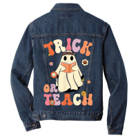 Retro Groovy Trick Or Teach Halloween Floral Ghost Teacher Men Denim Jacket | Artistshot