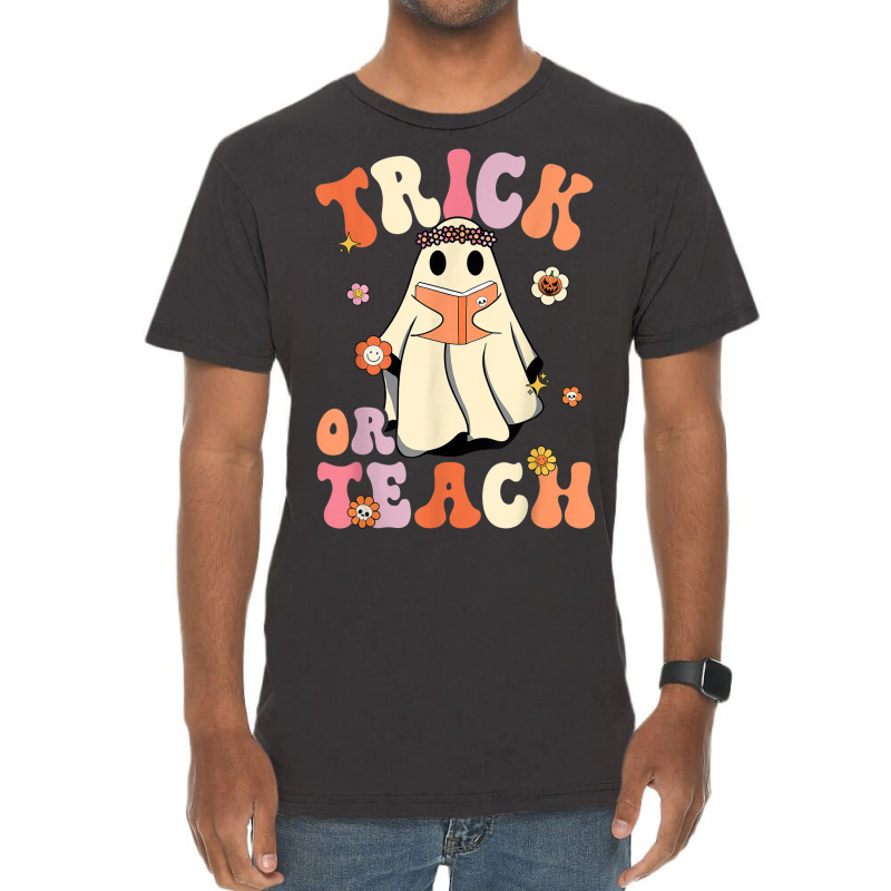 Retro Groovy Trick Or Teach Halloween Floral Ghost Teacher Vintage T-shirt | Artistshot