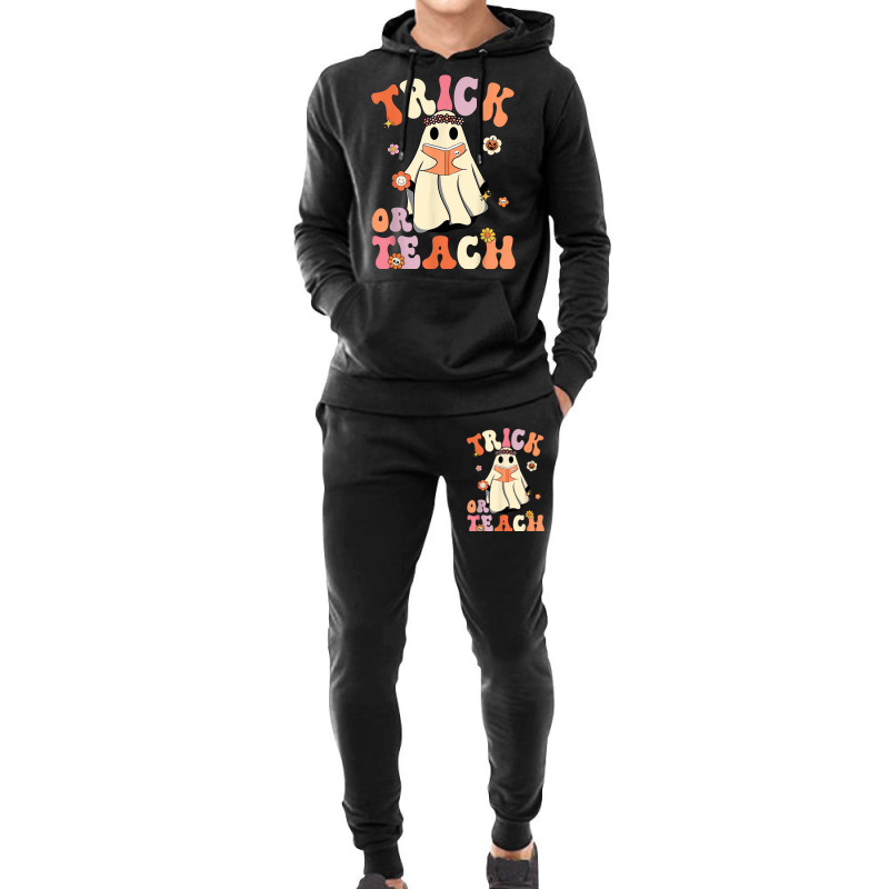 Retro Groovy Trick Or Teach Halloween Floral Ghost Teacher Hoodie & Jogger Set | Artistshot