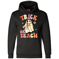 Retro Groovy Trick Or Teach Halloween Floral Ghost Teacher Champion Hoodie | Artistshot