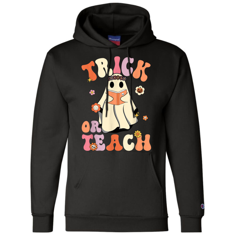 Retro Groovy Trick Or Teach Halloween Floral Ghost Teacher Champion Hoodie | Artistshot