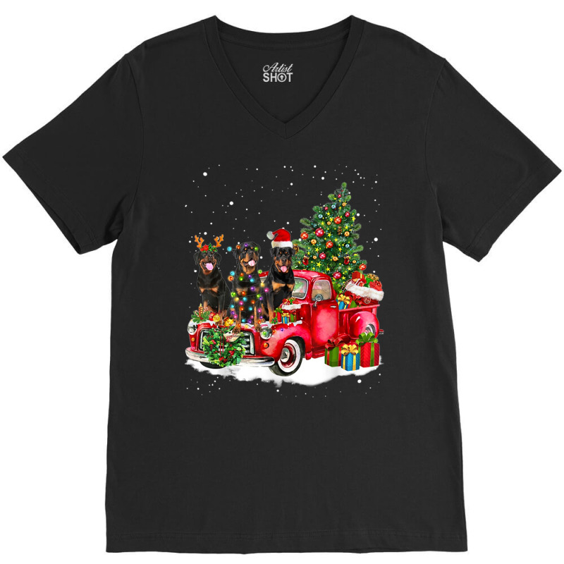 3 Rottweiler Truck Christmas Light Tree Reindeer Santa Xmas V-neck Tee | Artistshot