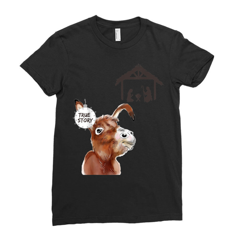 True Story Nativity Scene Merry Christmas Donkey Ladies Fitted T-Shirt by Sombre | Artistshot